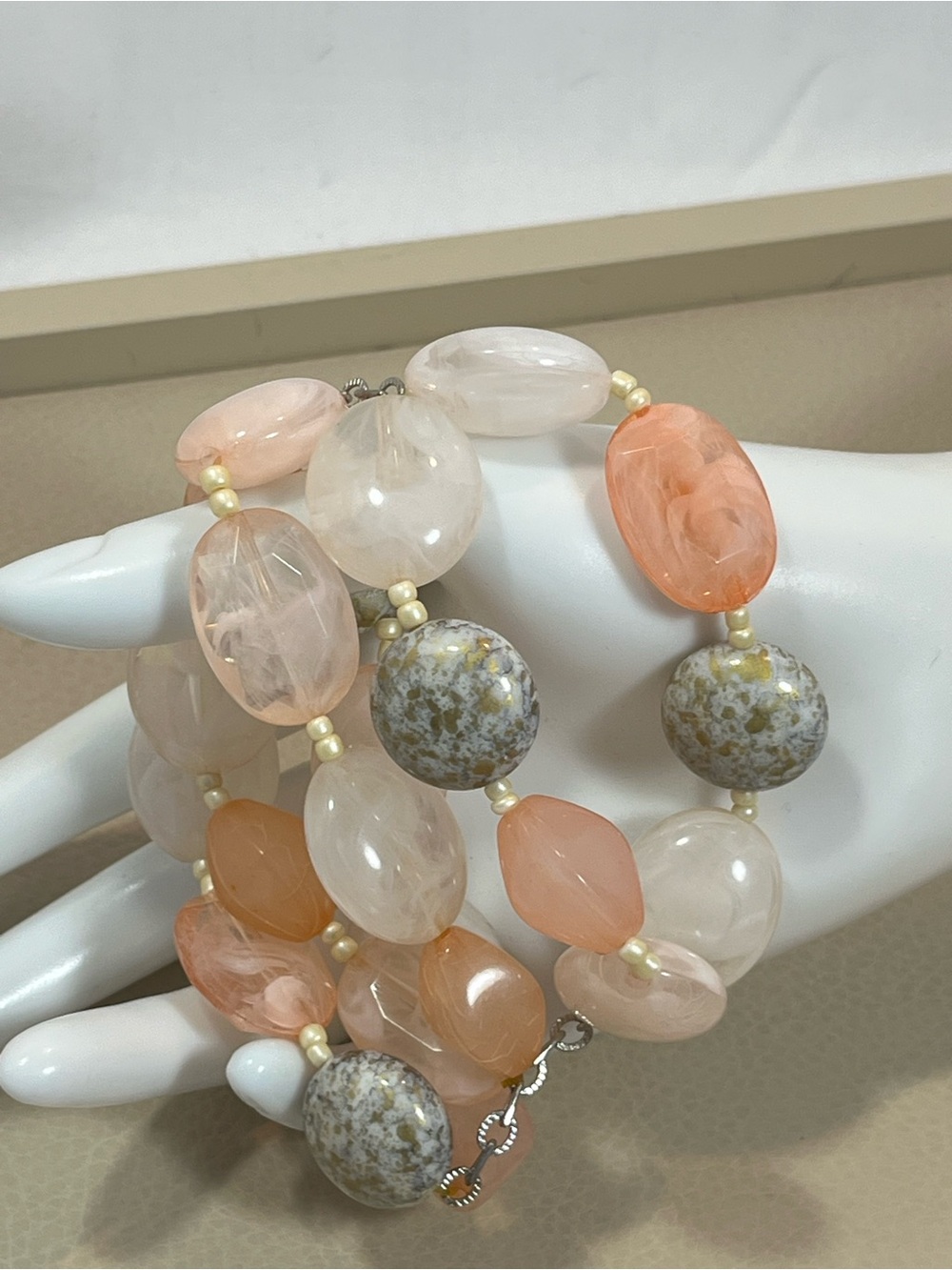 Beaded Stretch Bracelet Set in Peach and Cream